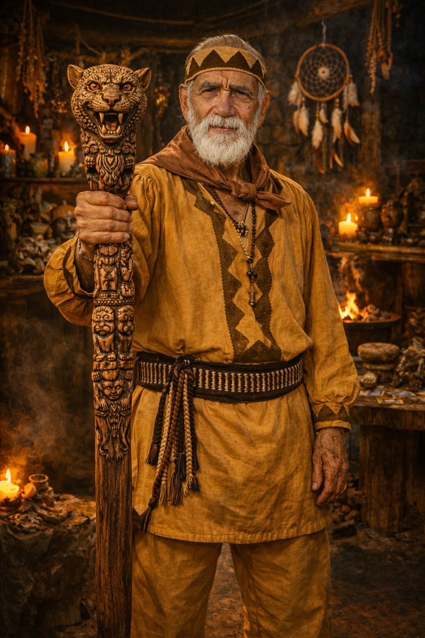 Don Jacinto Nahual con bastón ceremonial tallado con figura de jaguar en su espacio ritual